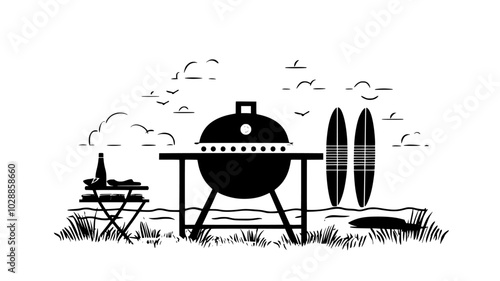 Australian barbecue setup on beach with surfboards in background, vector illustration art