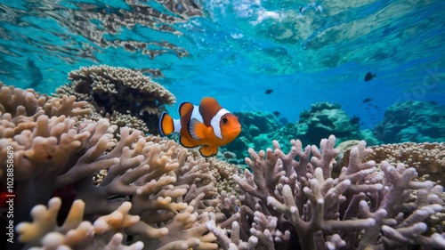 Clown fish swimming among corals, underwater, marine life concept. photo