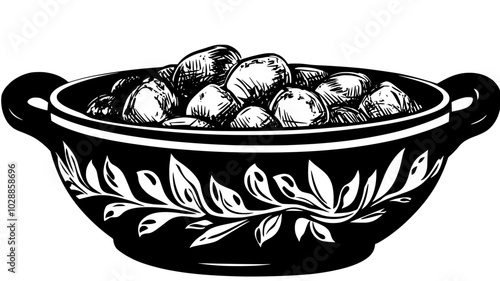 Bacalao on an earthenware dish with potatoes, vector illustration art