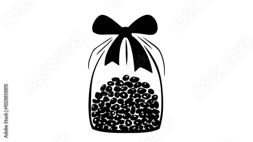 Cellophane bag of spiced nuts tied with a ribbon, illustration