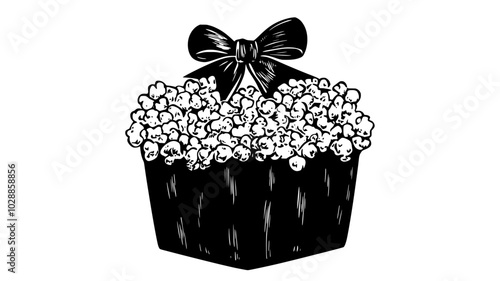 Caramel popcorn in a decorative tin with a ribbon, illustration art