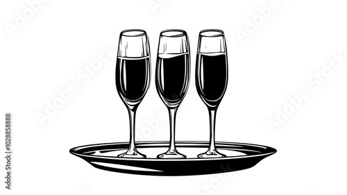 Champagne flutes filled on a silver tray, illustration