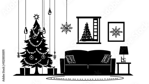Christmas tree with glass ornaments and tinsel in the living room, illustration