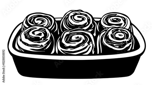 Cinnamon rolls in a baking dish with icing drizzle, illustration