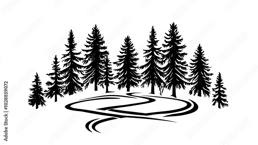 Obraz premium Cross-country ski trails groomed through a snowy forest, illustration art