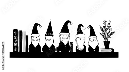 Collection of vintage Santa Claus figurines on a bookshelf, illustration art