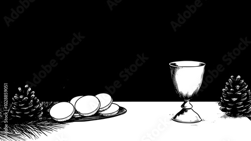 Communion wafers and chalice on altar cloth with pine cone accents, illustration