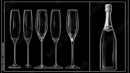 Crystal champagne flutes in a presentation box with a bottle nearby, illustration art