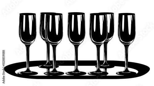 Crystal champagne flutes arranged on a mirrored tray, illustration