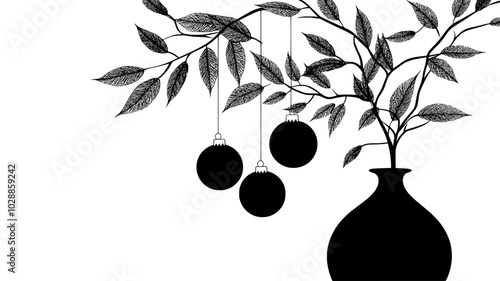 Felted wool ornaments hanging from branches in a vase, illustration