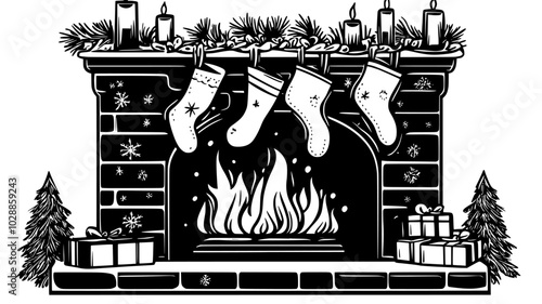 Fireplace with stockings hung and flames flickering inside, illustration art