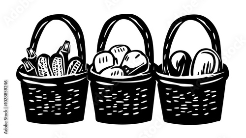 Food baskets lined up for delivery to families, illustration