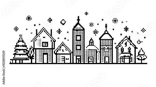 Framed cross-stitch sampler with holiday motif, illustration art