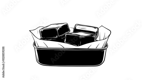 Fudge squares stacked in a tin with wax paper, illustration