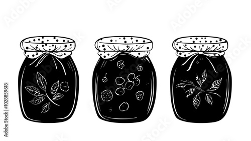 Jars of homemade jam with fabric tops, illustration art