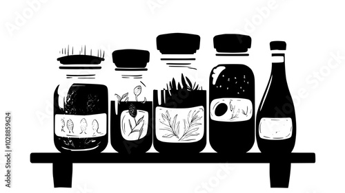 Jars of flavored olive oils and vinegars on a shelf, illustration