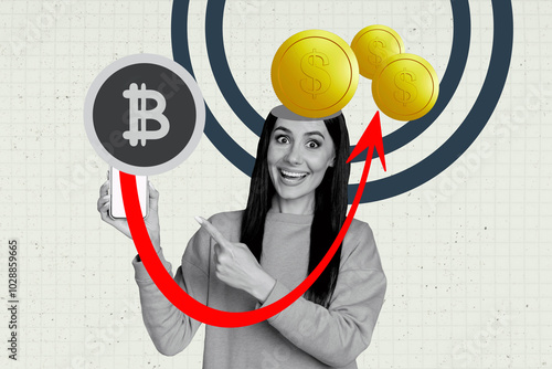 Composite trend artwork sketch image collage of business stats human resource trader young lady rich hold phome finger point bitcoin coin photo