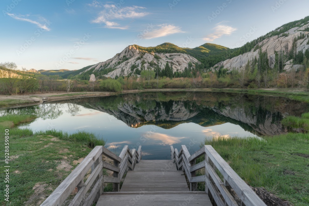 Landscape with a lake, mountains and trees in the background Landscape with a lake, mountains and trees in the background