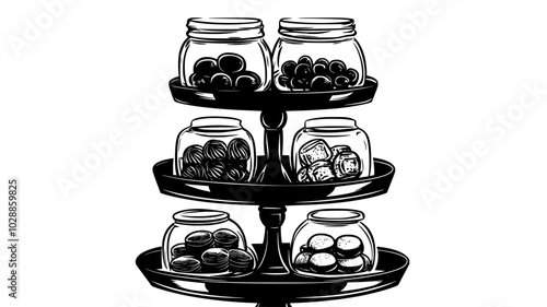 Mason jars filled with treats arranged on a tiered stand, holiday-themed, illustration art