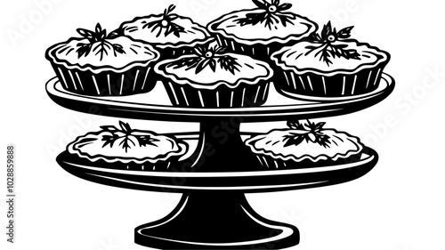 Mince pies neatly arranged on a tiered serving stand, illustration art