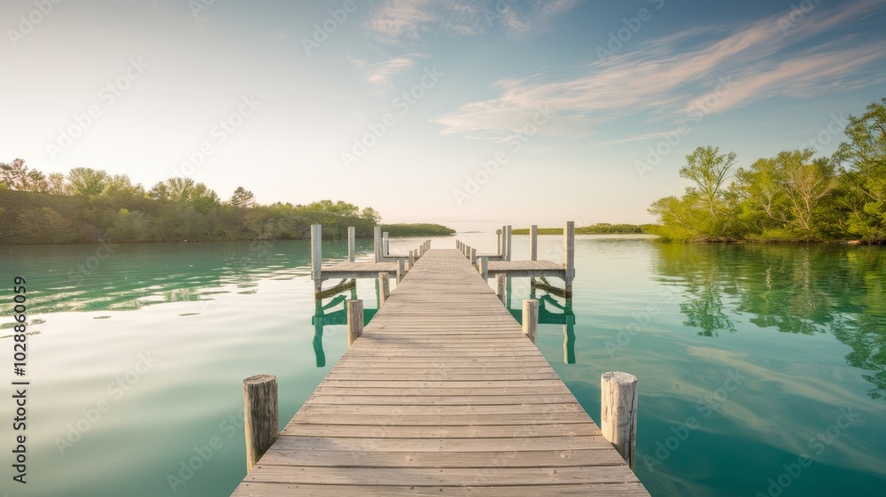 Obraz premium Landscape with wooden pier with lake and sunset in the background