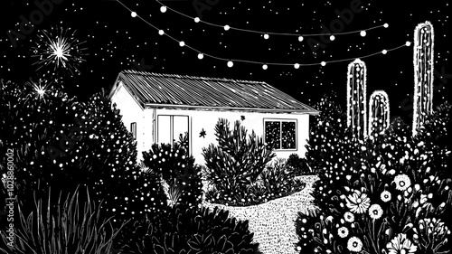 Net lights draped over bushes in a front yard, illustration