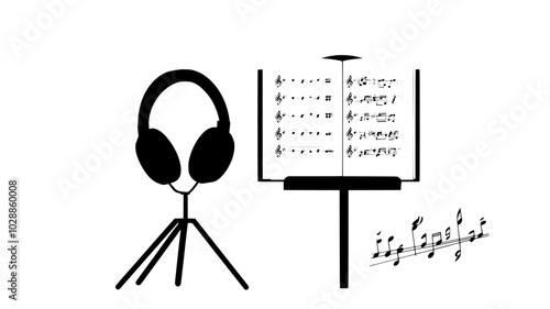 Noise-cancelling headphones on a music stand with sheet music, illustration art