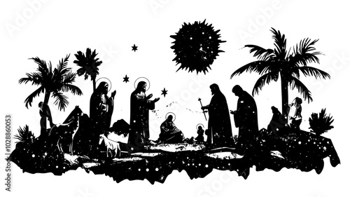 Outdoor creche display with figurines representing the holy family and magi, illustration art
