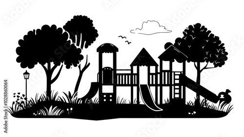 Outdoor play equipment assembled in backyard with trees, illustration