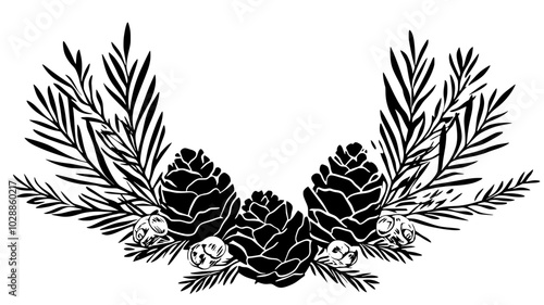 Pinecones arranged on a grapevine wreath base, illustration