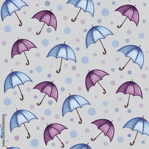 Seamless colourful umbrellas pattern, digital pencil drawing illustration, rainy autumn mood, fall weather, pattern in random order