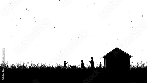 Silhouette cutouts of nativity figures on front lawn, illustration