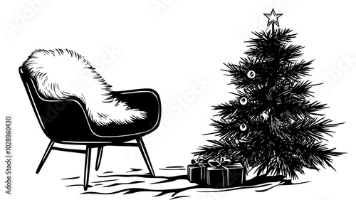 Sheepskin rug draped over chair next to Christmas tree, illustration art