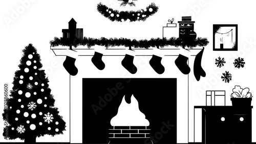 Stockings hanging from fireplace mantel with garland and lights, illustration art
