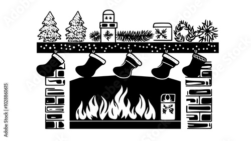 Stocking holders clamped to a floating shelf above a fireplace, illustration