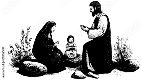 Stone sculptures of the holy family positioned in a garden, illustration art
