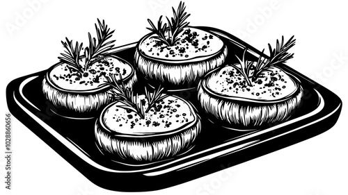 Stuffed portobello mushrooms on a baking sheet, illustration