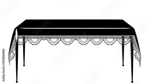 Table cloth with lace trim covering the dining surface, illustration