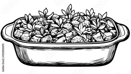 Stuffing in casserole dish with herbs, illustration art