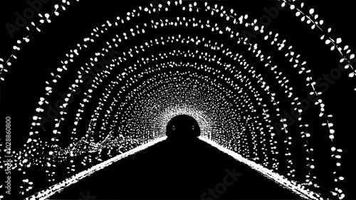 Tunnel of lights arching over walkway in park setting, illustration art