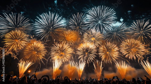 Wallpaper Mural Large crowd watching a spectacular fireworks display at night, with bright and colorful explosions lighting up the sky and people capturing the moment with their phones. Torontodigital.ca