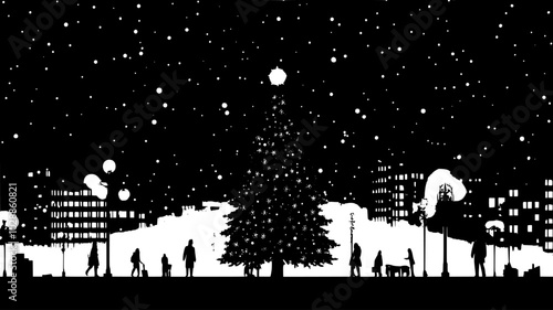 Towering Christmas tree covered in lights in city square, illustration