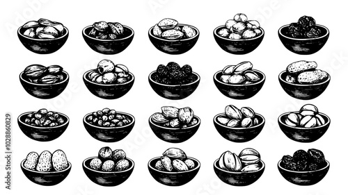 Variety of nuts and dried fruits in wooden bowls, illustration art