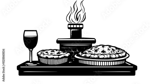 Tray with mince pies and sherry placed by chimney, illustration art