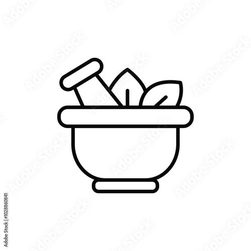 Single mortar pestle line icon, simple natural treatment flat design pictogram, infographic elements. Outline style.