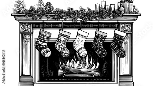 Vintage fabric stockings hanging from the fireplace mantel, illustration art