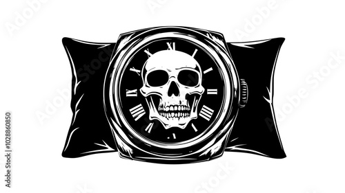 Watch with skeleton face displayed on a leather cushion, illustration art