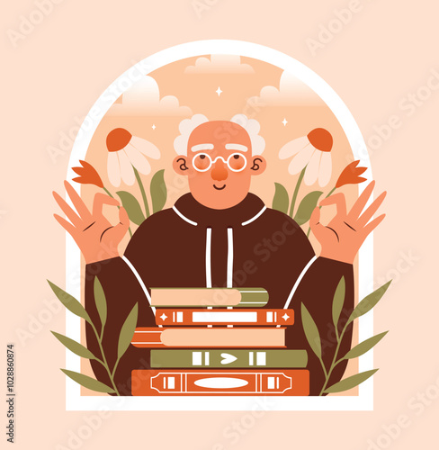 Happy retirement. Naive illustration with old man in eyeglasses and stack of books, who showing OK gesture of hands. Cartoon badge with window frame. Cute illustration of grandfather character.
