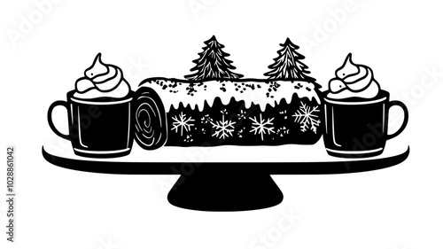 Yule log cake on dessert stand next to cups of eggnog, illustration art