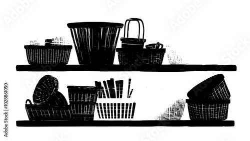 Woven baskets of various sizes nested on a shelf, illustration art